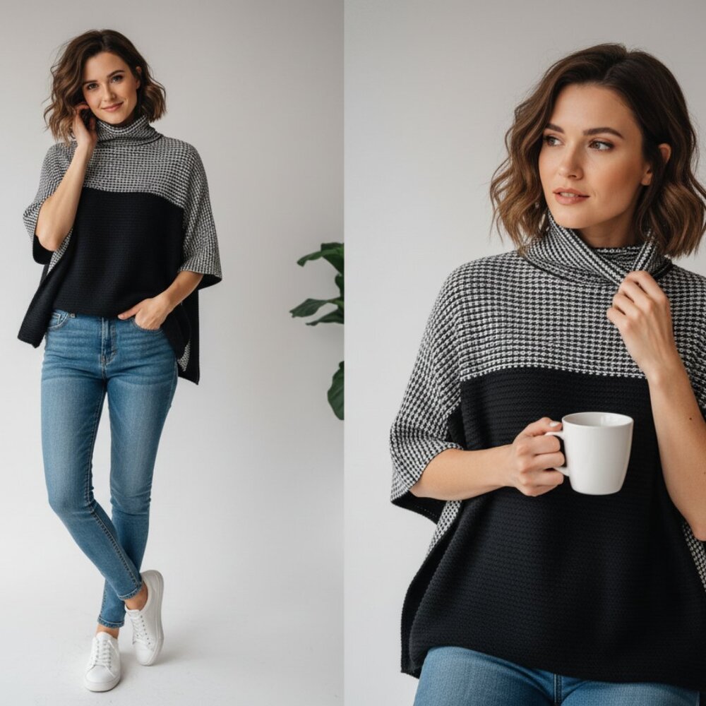 Echo Women's Turtleneck Tweeded Poncho Black and White